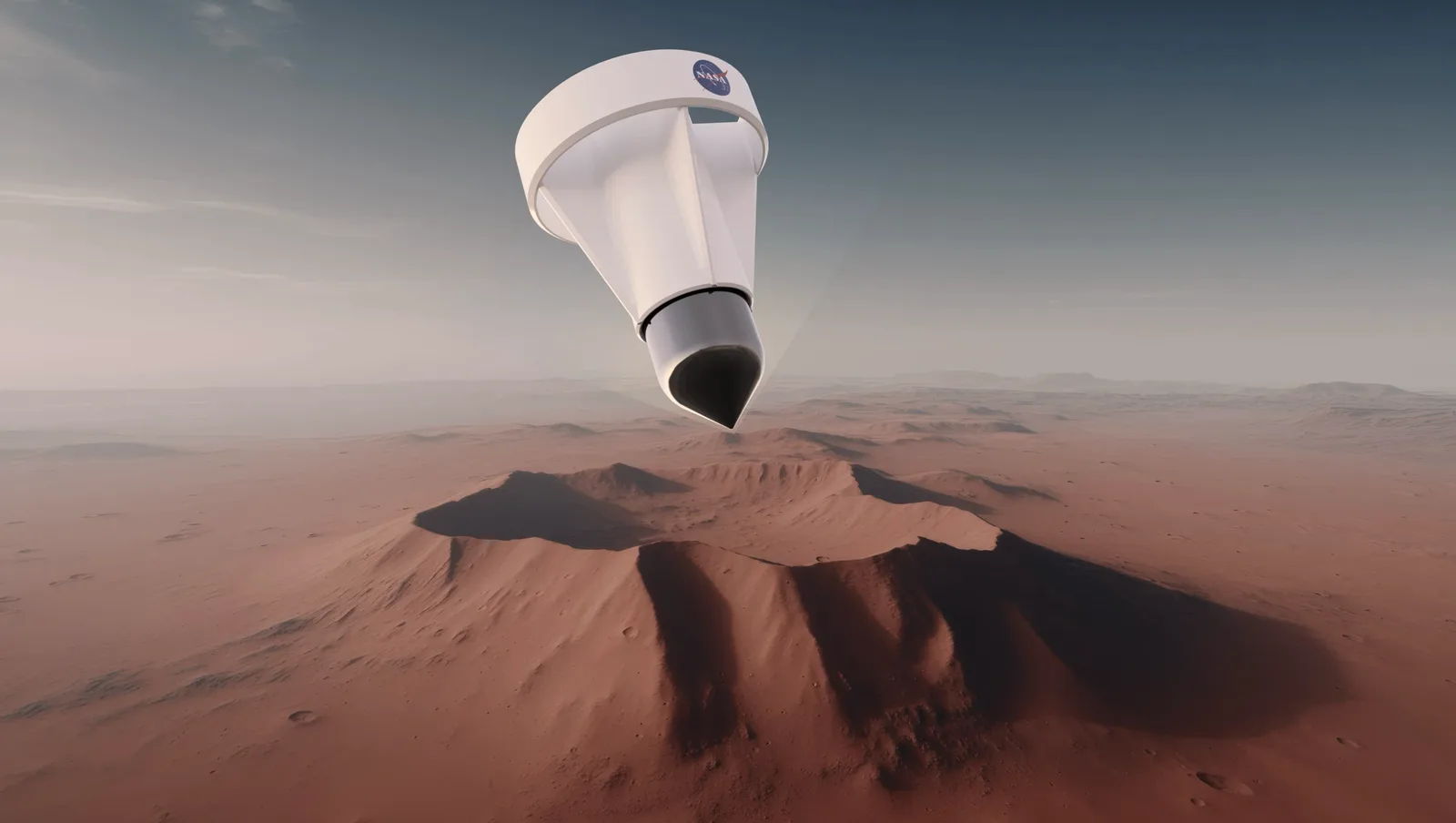 The probe, a white aft body with a dark steel nose, falls nose first toward a crater on Mars.