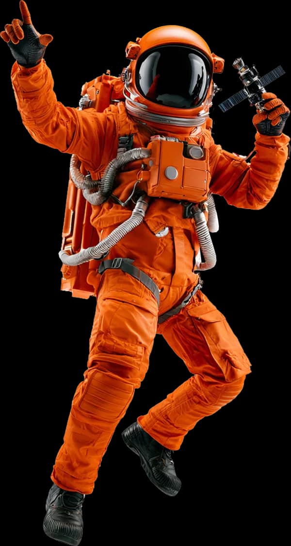 Zed, the astronaut in the orange suit, floating and holding a small satellite.