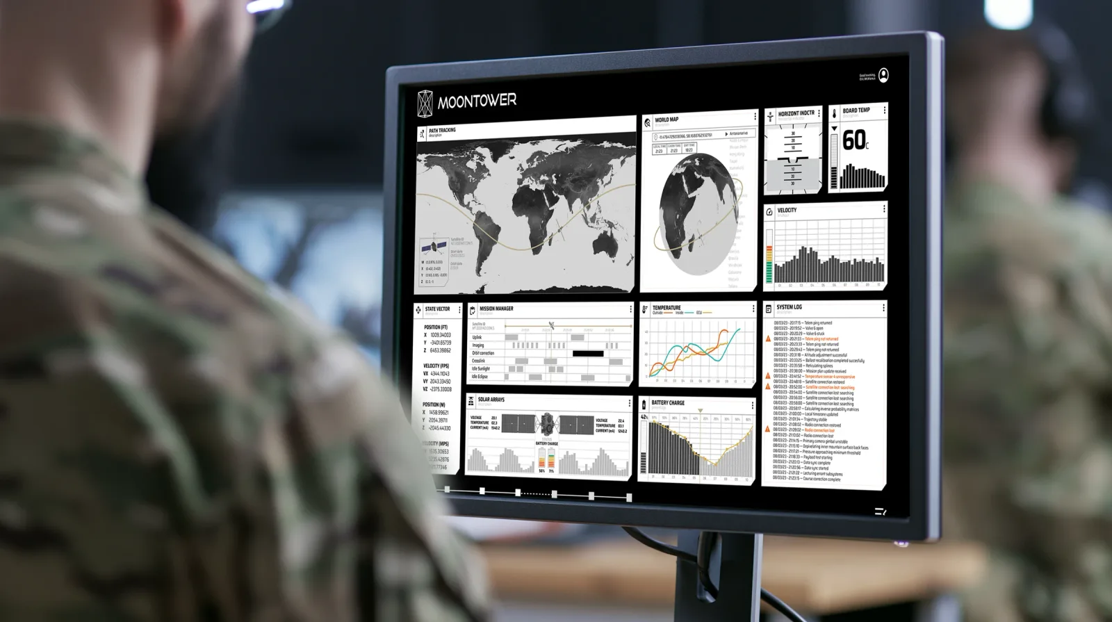 An operator at a desk reads telemetry on two screens.
