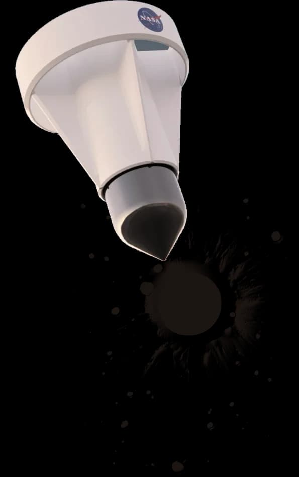 The IMPRESS probe, a white body with a dark steel nose, above a drawing of an impact crater.