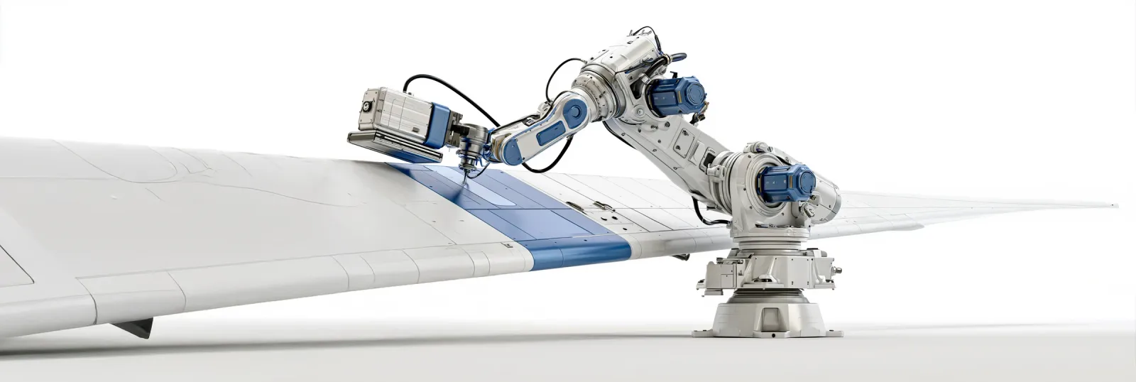 A robot arm with a scan head over the surface of a composite wing panel.