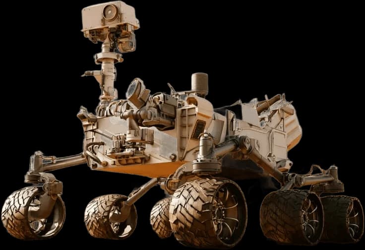 A six-wheel rover with a camera mast, three-quarter view, cut out from its background.