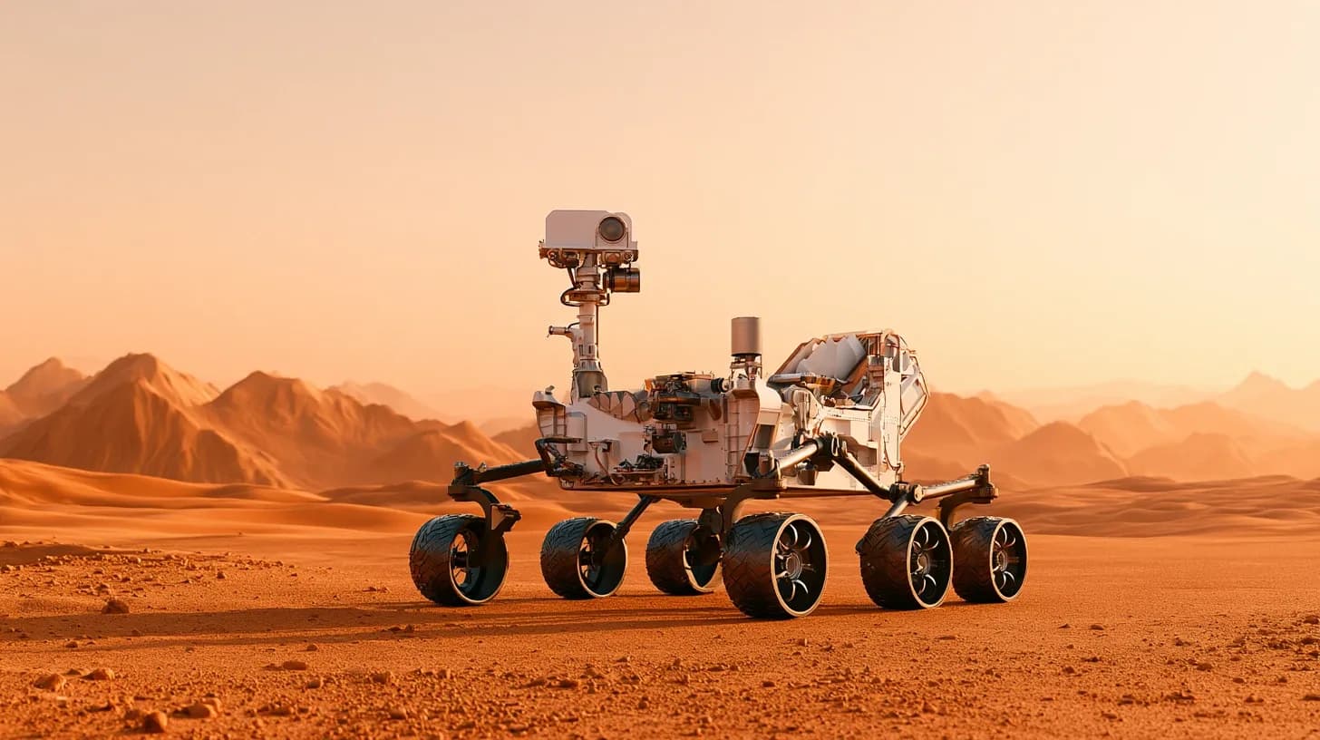A six-wheel rover on red desert sand, side view.