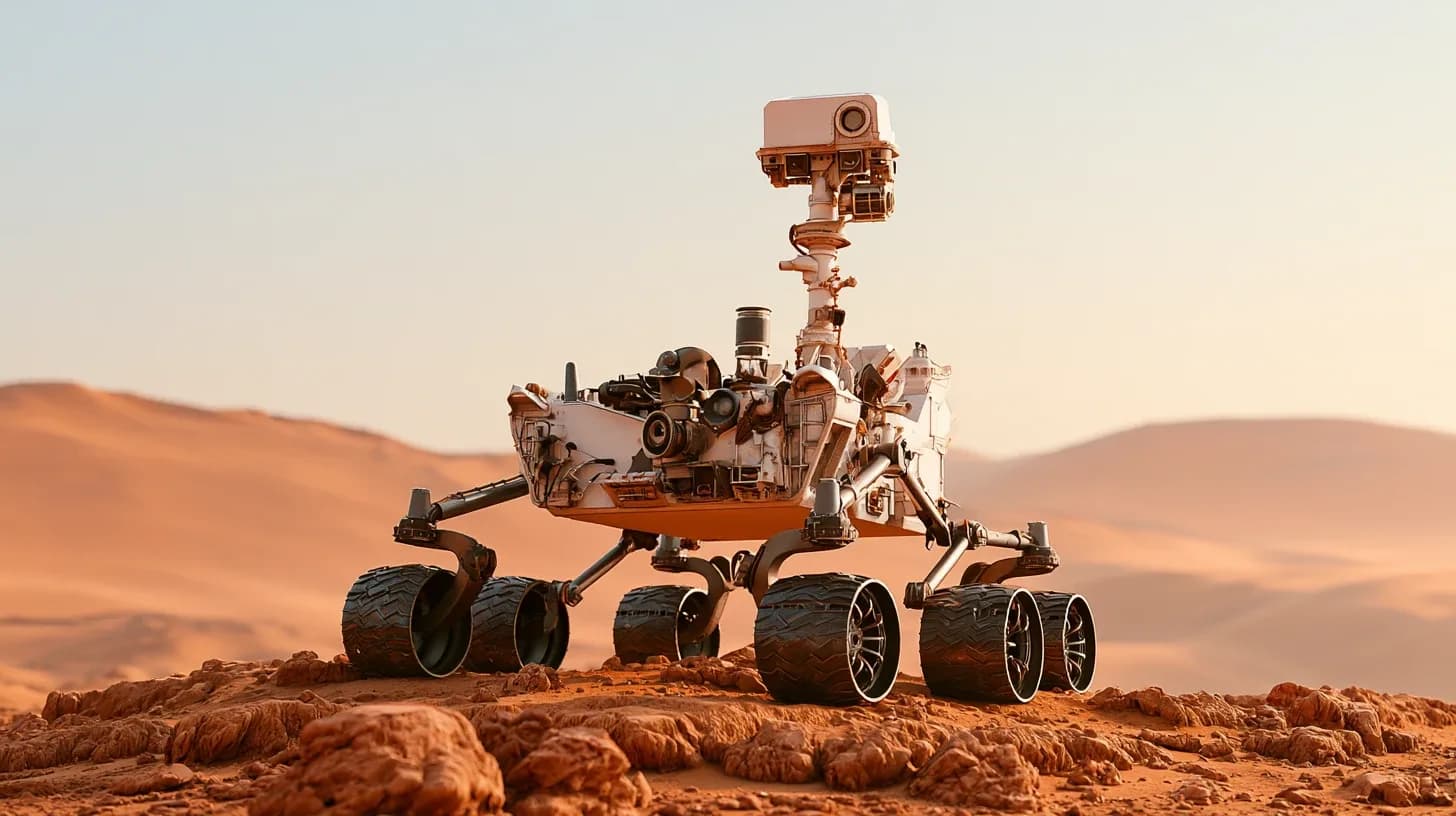 The rover from the front, on rocky ground.