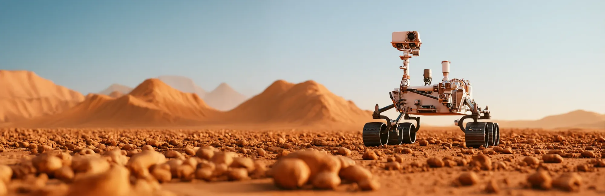A six-wheel rover small on a wide desert plain under a hazy sky.