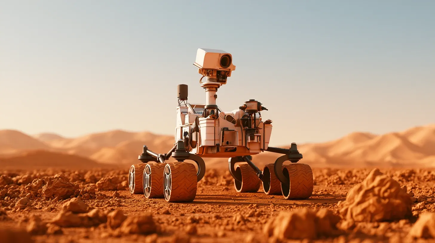 The rover on orange sand, three-quarter view.