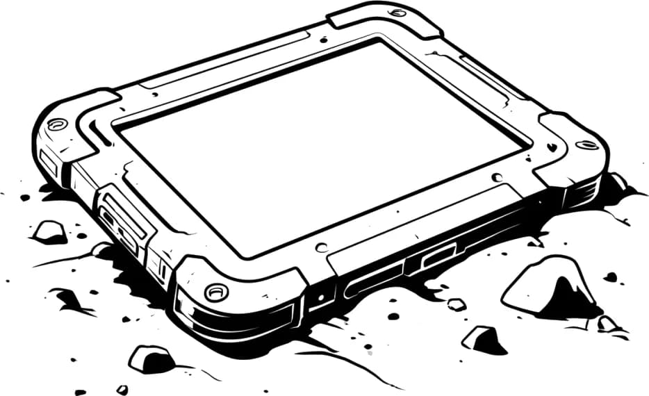 A line drawing of a rugged tablet on rocky ground.