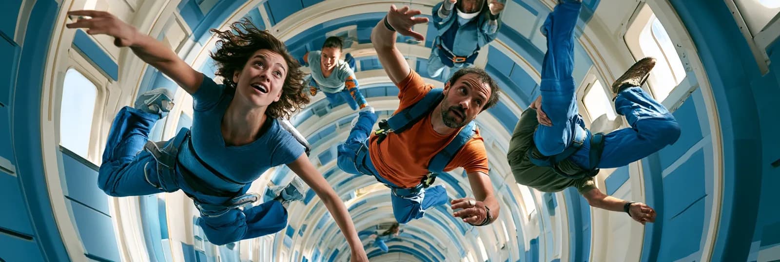 Passengers float in the cabin of a reduced-gravity flight.