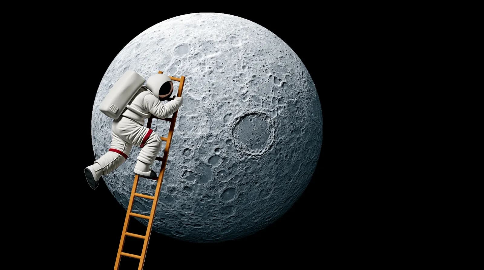 An astronaut climbs an orange ladder up the side of the Moon.