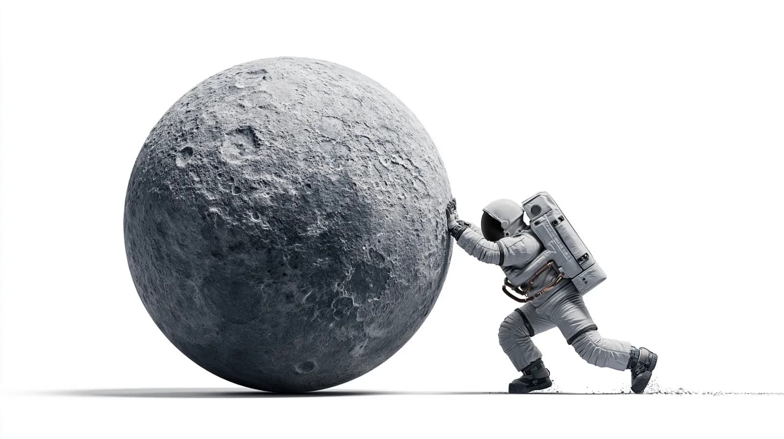 An astronaut pushes a small Moon along the ground.