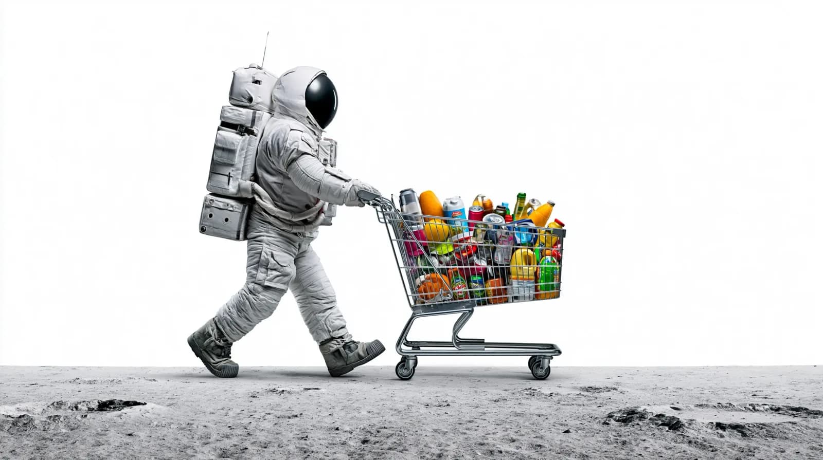 An astronaut pushes a full shopping trolley across grey regolith.