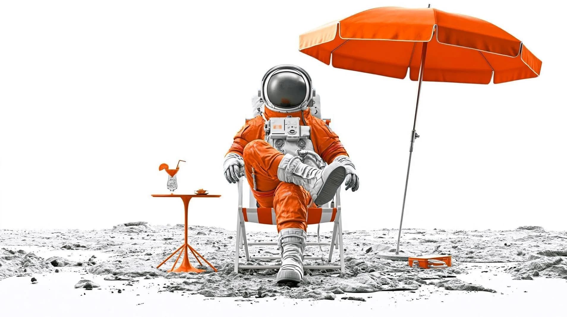 Zed, off duty, in a deck chair under an orange parasol on grey regolith, with an orange side table.