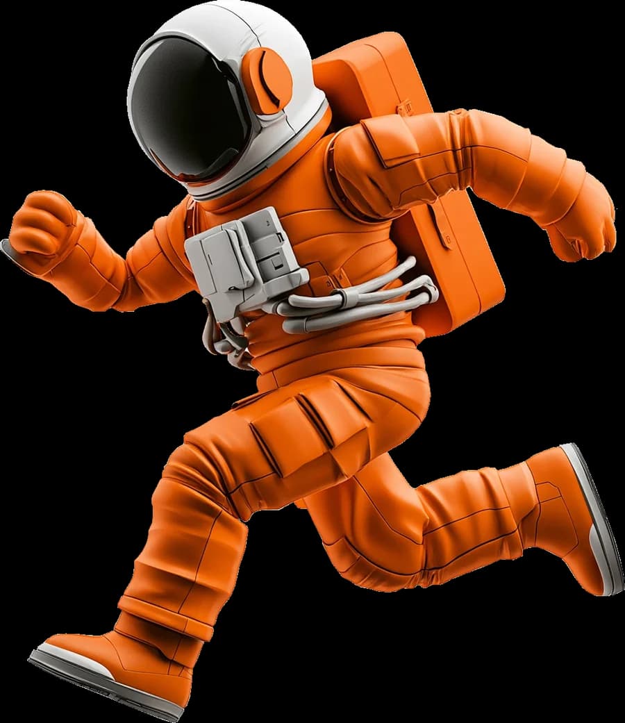 Zed, the astronaut in the orange suit, running.