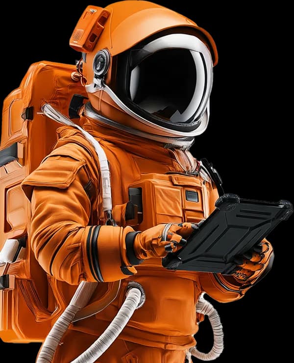 Zed, the astronaut in the orange suit, reading a rugged tablet.