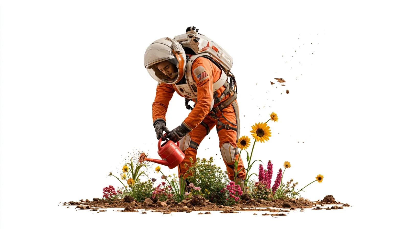 Zed, the astronaut in the orange suit, waters a patch of flowers.