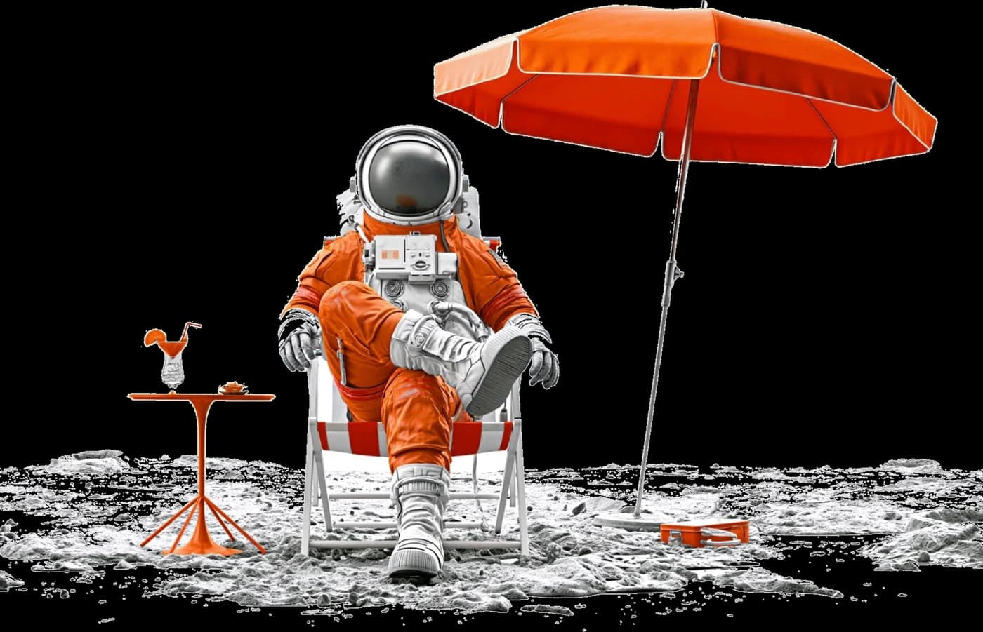 Orange Suit, off duty, in a deck chair under an orange parasol on grey regolith, with an orange side table.
